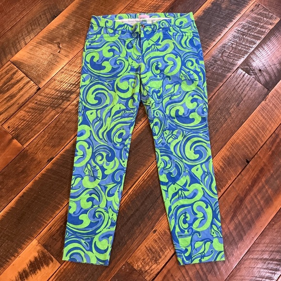 Lilly Pulitzer Blue Green Swirl Print Skinny Pants Size Small Cotton Blend - Picture 1 of 7